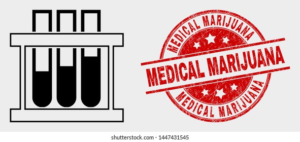 Vector chemical test tubes pictogram and Medical Marijuana seal stamp. Red rounded textured seal stamp with Medical Marijuana text. Vector composition for chemical test tubes in flat style.