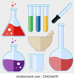Vector chemical tubes and equipment in flat style design