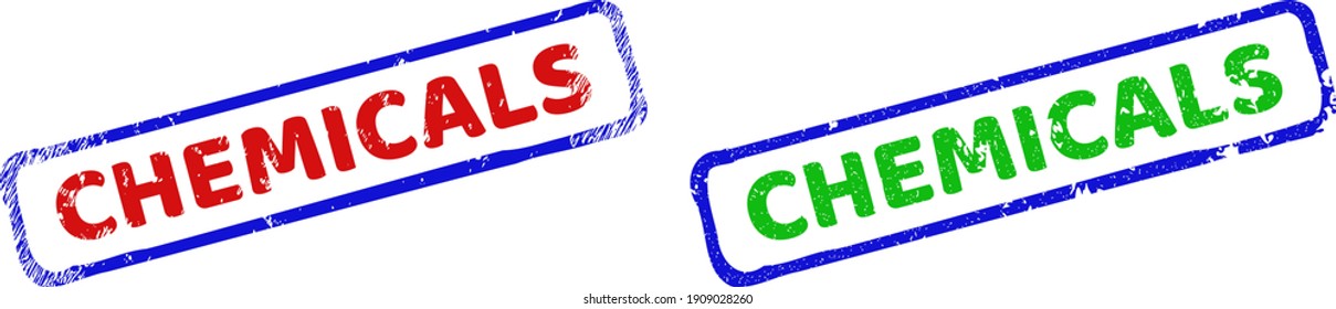 Impresiones enmarcadas de Vector CHEMICALS con estilo rayado. Sellos rectangulares rígidos bicolores. Colores rojos, azules y verdes. Sellos rascados planos con texto QUÍMICO dentro de un marco rectangular áspero.