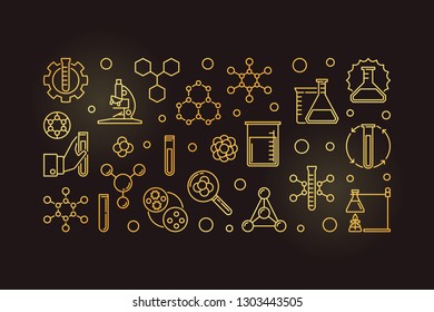 Vector Chemistry golden illustration or banner made with flask, test-tube, molecule, atom outline icons on dark background