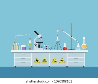 Vector de equipo de laboratorio de química, incluye un vaso de agua, un matraz, un tubo, un microscopio y un signo de advertencia. Ilustración plana del espacio de trabajo de laboratorio científico.