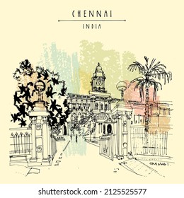 Vector Chennai (Madras), Tamil Nadu, India postcard. Corporation building. Beautiful British colonial building in India. Travel sketch. Hand drawing. Vintage hand drawn Chennai postcard illustration