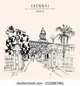 Vector Chennai (Madras), Tamil Nadu, India postcard. Corporation building. Beautiful British colonial building in India. Travel sketch. Hand drawing. Vintage hand drawn Chennai postcard illustration