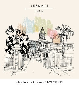 Vector Chennai (Madras), Tamil Nadu, India postcard. Corporation building. Beautiful British era colonial building. India travel sketch. Hand drawing. Vintage hand drawn Chennai postcard illustration