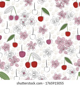 Cerezas vectoras y flores en rosa rojo y verde sobre fondo blanco patrón de repetición sin problemas. Antecedentes para textiles, tarjetas, manufactura, papel pintado, envoltura de regalo y reserva de chatarra.