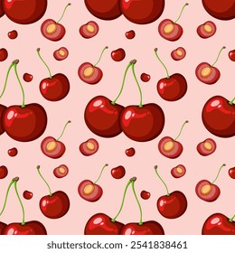 Vector cherries and halves on pink background
