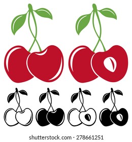Vector cherries. Heart shaped cherries in color and black and white with long stems, vector illustration