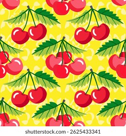 Vector - cherries with leaves seamless pattern.

