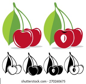 Vector cherries. Sweet cherries in color and black and white, vector illustration