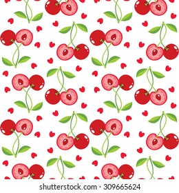 Vector cherries. Sweet cherries and hearts vector seamless background