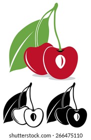 Vector cherries. Two sweet cherries with long stem and leaf, vector illustration in color and black and white