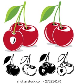 Vector cherries. Two and three sweet cherries in color and black and white over white background