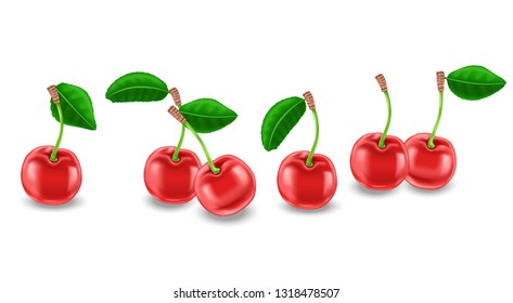 Vector cherries.Realistic vector 3d illustration. Set of cherries isolated on white.