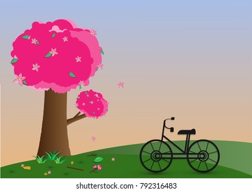 Vector Cherry blossom beautiful pink flower tree in Japan call Sakura tree on the mountain spring scene with bicycle on grass design nature paper art style. Valentine Day Concept romantic