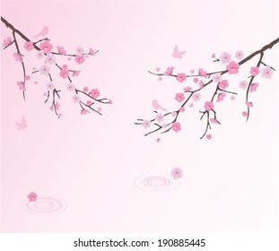 vector cherry blossom with birds and water circles