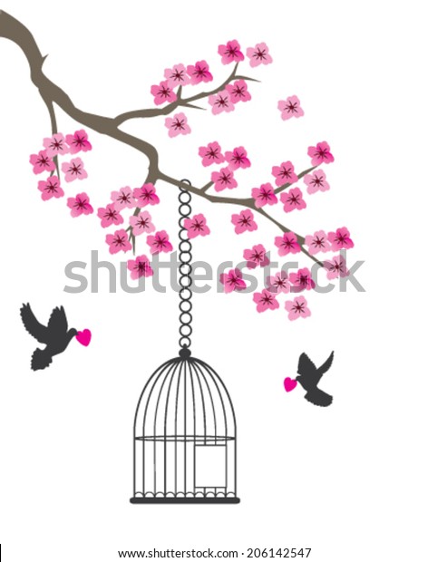 Vector Cherry Blossom Branch Cage Doves Stock Vector Royalty Free 206142547