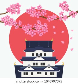 vector cherry blossom branch with japanese castle background