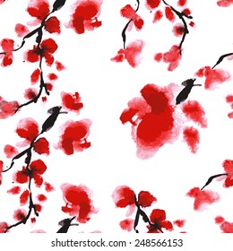 Vector cherry blossom branch. Sakura blossom flowers red pink color. Japanese spring tradition flowers isolated on white background. Spring cherry buds.