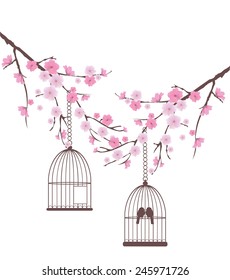 vector cherry blossom branches with birds in a cage
