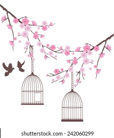 vector cherry blossom branches with doves and cages