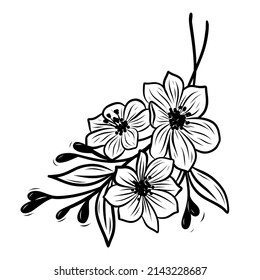 Vector cherry blossom with leaves.Romantic Line art floral invitations 