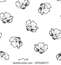 Vector Cherry Blossom Lineart en blanco y negro con un poco de fondo de patrón transparente rosado. Perfecto para proyectos de tela, papel pintado y scrapbooking.