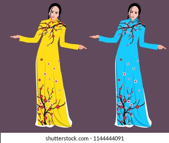 Vector Cherry blossom on long dress for happy chinese new year 