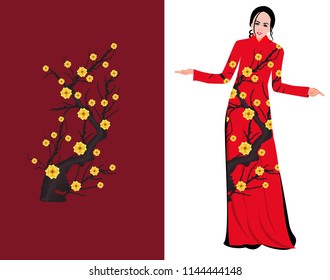 Vector Cherry blossom on long dress for happy chinese new year 