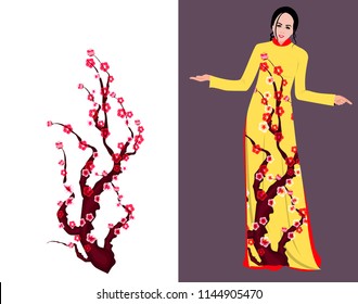 Vector Cherry blossom on long dress for happy chinese new year