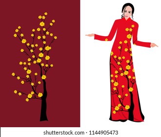 Vector Cherry blossom on long dress for happy chinese new year