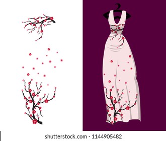 Vector Cherry blossom on long dress for happy chinese new year