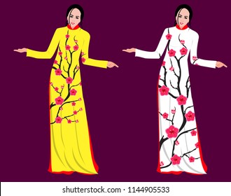 Vector Cherry blossom on long dress for happy chinese new year
