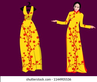 Vector Cherry blossom on long dress for happy chinese new year