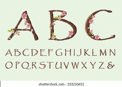 Vector cherry blossom spring font, alphabet