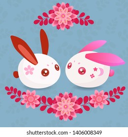 Vector cherry blossoms in blue background Japanese couple rabbits and red leaves
