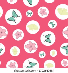 Vector cherry blossoms and butterflies in circles seamless pattern background. Perfect for fabric, scrapbooking, and wallpaper projects