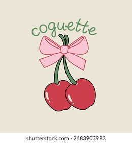 Vector cherry with bow print in coquette style. Red cherries with pink bow can be use as clothes print, postcard, invitation, greeting card, packaging design, textile, invitations, tattoo, sticker.