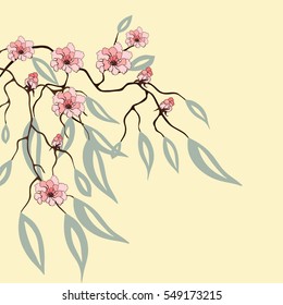 Vector cherry branch. Spring pink flowers.