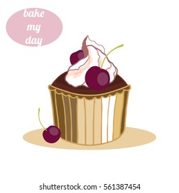 Vector cherry cupcake on white with pink emblem