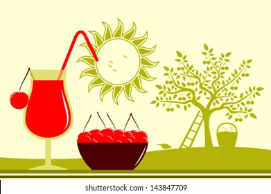 vector cherry drink and bowl of cherries
