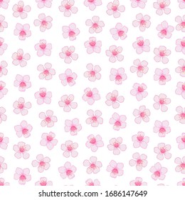 Vector cherry flowers and petals seamless pattern. Pink blooming flowers background