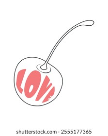 Vector cherry in the form of lines and the inscription Love inside the cherry. Stylish laconic cherry print for textiles, bags, clothes. Suitable for printing on gifts, greeting cards, scrapbooks, etc