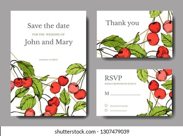 Frutas vectoriales de cerezo. Hoja verde. Planta vegetal de jardín botánico follaje floral. Arte de tinta con grabado rojo y verde. Tarjeta de fondo casera con borde decorativo floral. Banner elegante de juego gráfico de ilustraciones de tarjetas.