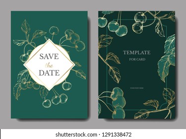 Vector Cherry fruits. Leaf plant botanical garden floral foliage. Golden and green engraved ink art. Wedding background card floral decorative border. Elegant card illustration graphic set banner.