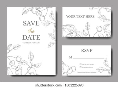 Vector Cherry fruits. Leaf plant botanical garden floral foliage. Silver engraved ink art. Wedding background card floral decorative border. Elegant card illustration graphic set banner.