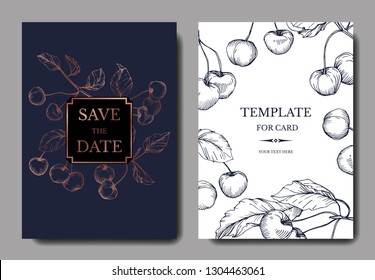 Vector Cherry fruits. Leaf plant botanical garden floral foliage. Blue and golden engraved ink art. Wedding background card floral decorative border. Elegant card illustration graphic set banner.
