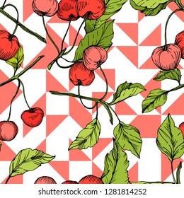 Frutos vectoriales de cerezo sobre fondo blanco. Hoja verde. Planta de hojas de vegetación botánica follaje floral. Arte de tinta con grabado rojo y verde. Patrón de fondo sin foco. Textura de impresión de papel tapiz de tela.
