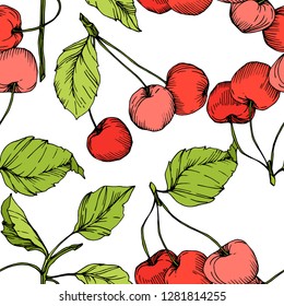 Vector Cherry fruits on white background. Green leaf. Leaf plant botanical garden floral foliage. Red and green engraved ink art. Seamless background pattern. Fabric wallpaper print texture.
