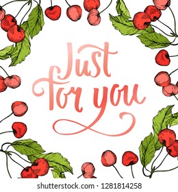 Vector Cherry fruits on white background. Green leaf. Leaf plant botanical garden floral foliage. Red and green engraved ink art. Frame border ornament square.