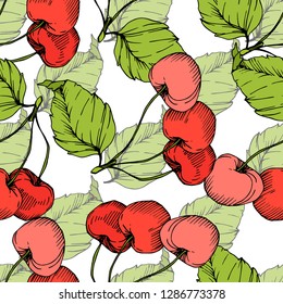 Frutos vectoriales de cerezo sobre fondo blanco. Hoja verde. Planta de hojas de vegetación botánica follaje floral. Arte de tinta con grabado rojo y verde. Patrón de fondo sin foco. Textura de impresión de papel tapiz de tela.